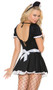 Maid To Please costume includes short sleeve mini dress with ruffle trim, apron, and head piece with lace trim. Three piece set.