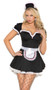 Maid To Please costume includes short sleeve mini dress with ruffle trim, apron, and head piece with lace trim. Three piece set.