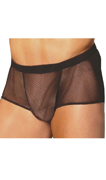 Sheer fishnet boxer shorts with elastic waist and trim.