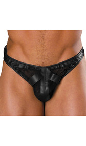 Men's leather and mesh thong with lycra back for a snug fit.