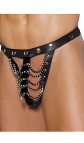 Leather pouch with open front, studded trim and chain detail. Elastic g-string back.