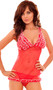 Sheer mesh babydoll with ruffled cups and hem. Straps are adjustable. Matching G-string included. Two piece set.