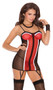 Mesh colorblock chemise with adjustable straps, adjustable and detachable garters. Chemise has hook and eye back closure and keyhole back.