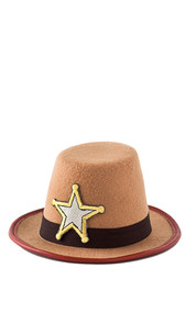 This mini cowboy hat works perfectly with one of our sexy cowgirl outfits! Beige cowboy hat with embroidered sheriff's badge, black hat band, red trimmed brim, and attached elastic chin strap.