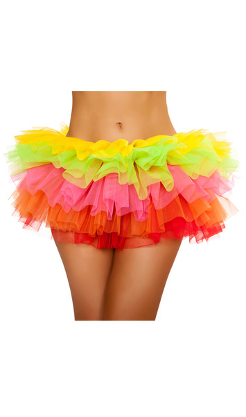 Rainbow mini layered petticoat. Soft mesh. No trim. Measures about 7" long. Features 5 layers of the same length that you can use to fluff it out. Non-covered elastic waistband.