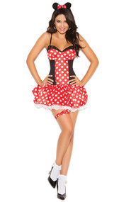 Miss Mouse costume includes mini dress, mouse ear head piece, and leg garter. Three piece set.