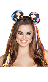 Multi colored diamond head piece with satin ribbons on uncovered headband.