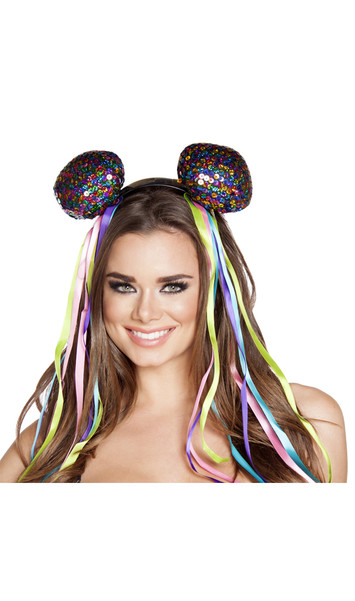 Multi colored sequin head piece with satin ribbons on uncovered headband.