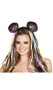 Multi colored sequin head piece with satin ribbons on uncovered headband.