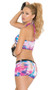 Neon tie dye cami crop top with high collar neckline, halter style tie neck, and sexy cut outs. Matching pull on style booty shorts also included. Two piece set.