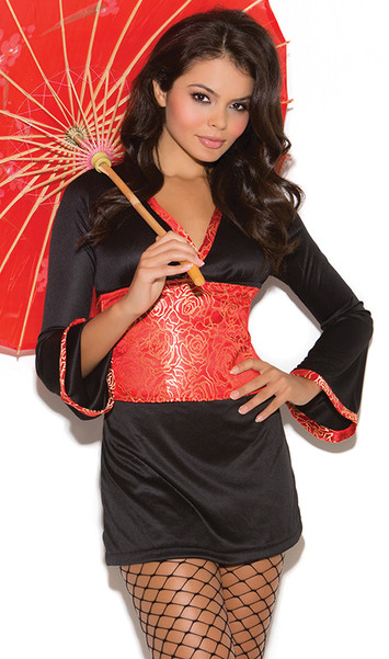 Oriental Goddess costume includes long sleeve dress with bell sleeves and lace up back, with tapestry sash. Two piece set.