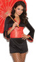 Oriental Goddess costume includes long sleeve dress with bell sleeves and lace up back, with tapestry sash. Two piece set.
Small measures about 28" long from top of the shoulder to the bottom hem.