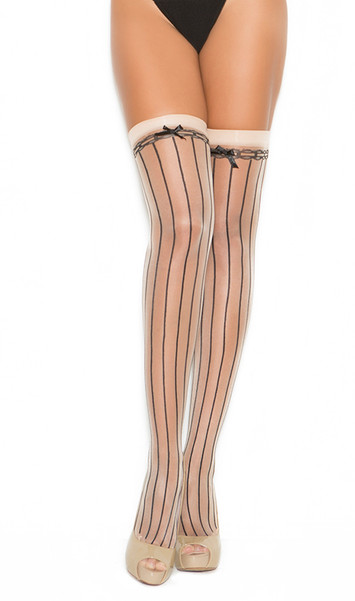 Pin striped thigh high with satin bow.