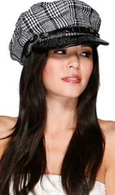 Top off your outfit with this one size fits all plaid mod hat. This newsboy style cap has a firm brim with matching external band with metal button and ring accents. Brim and band feature faux reptile leather.