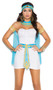 Queen of the Nile costume includes bandeau mini dress, neck piece, head piece, belt and arm bands with attached cape. Five piece set.