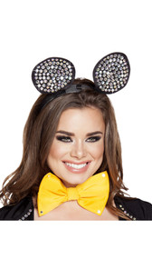 Rhinestone mouse ears on covered headband.