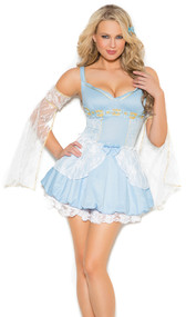 Sassy Cinder Babe princess costume includes sleeveless mini dress with lace and satin bow detail and arm bands. Two piece set.