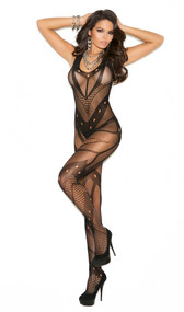 Seamless net crochet bodystocking with halter neck and open crotch.