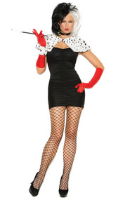 Sexy Dog Napper costume includes bandeau mini dress, dalmatian print shrug, neck piece, gloves, wrist band, and cigarette holder. Six piece set.