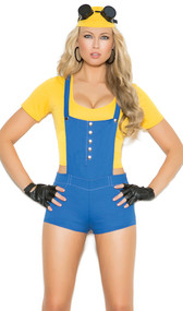 Sexy Subordinate costume includes romper with attached suspenders, shorts sleeve top, beanie, and fingerless gloves. Four piece set.