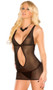 Fishnet chemise with keyhole front and matching g-string.