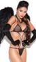 Sheer mesh teddy with satin ribbon lace up front and thong back.
