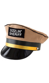 This Sizzlin' Sheriff Patrol Hat will give you all the cover you need for a sexy role playing evening! Hat features a stitched on embroidered name tag that says "Sizzlin' Sheriff", shiny black brim, and gold band with silver button detail.