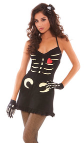 Dying to Please You costume includes black dress with skeleton and heart detail, hair bow, and gloves. Glow in the dark.