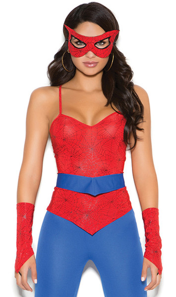 Spider Super Hero costume includes sleeveless spiderweb print pullover cami style top with adjustable straps and pointed hem, pants with elastic waist, belt with hook and loop back closure, mask with elastic back and fingerless gloves with finger loop. Five piece set.