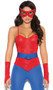 Spider Super Hero costume includes sleeveless spiderweb print pullover cami style top with adjustable straps and pointed hem, pants with elastic waist, belt with hook and loop back closure, mask with elastic back and fingerless gloves with finger loop. Five piece set.