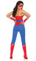 Spider Super Hero costume includes sleeveless top, pants, belt, mask and fingerless gloves. Five piece set.