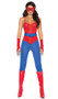 Spider Super Hero costume includes sleeveless spiderweb print pullover cami style top with adjustable straps and pointed hem, pants with elastic waist, belt with hook and loop back closure, mask with elastic back and fingerless gloves with finger loop. Five piece set.