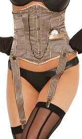 Pinstriped waist cincher with hook and eye front, boning, detachable garters, lace up back and detachable pocket watch.