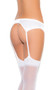 Stretch satin garter belt with hook and eye back closure, satin bow detail, and adjustable garters.