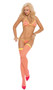 Striped string bra top that ties around the neck, tie side thong, and matching stockings.Three piece set.