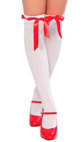 Thigh high stockings with ribbon weave and eyelets.