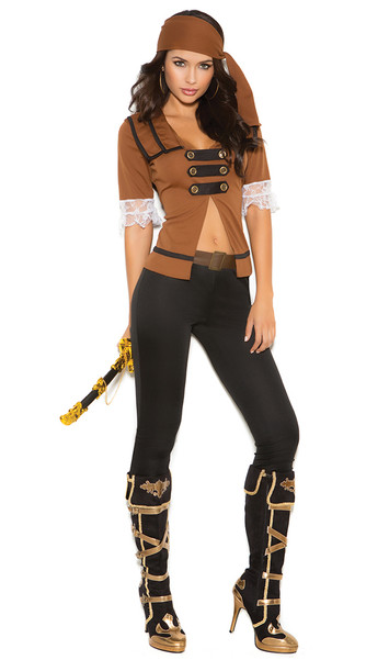 Treasure Pirate costume includes short sleeve top with lace trim, pants, belt and head scarf. Four piece set.