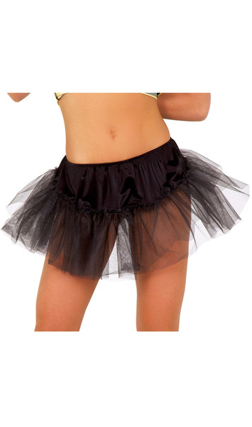 Mini mesh petticoat with satin elastic waistband. Stiff mesh, measures about 10" long. Two layers.