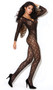 Long sleeve lace bodystocking with deep V neckline and open crotch.