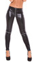 A great pair of wet look leggings is even more seductive when you add zippers. Front zipper runs through crotch area to the back of the leggings. Zippers on both knees.