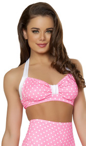 Polka dot retro style halter top with gathered front.