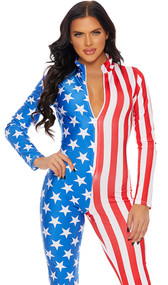 American flag long sleeve jumpsuit with front zipper closure.