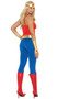 Super Hero costume includes cami top with adjustable straps, pants, belt, gloves and head piece. Back side of top and pants are plain. Boots not included. Five piece set.