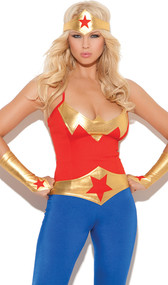 Super Hero costume includes cami top with adjustable straps, pants, belt, gloves and head piece. Back side of top and pants are plain. Boots not included. Five piece set.