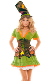 Racy Ragamuffin costume includes patchwork lace up dress and hat. Overlay on the dress (attached) and hat are velvet. Two piece set.