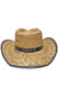 Straw cowgirl cowboy hat. Hat is made from a woven and shaped straw and features dark brown hatband and trim along brim.