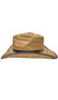 Straw cowgirl cowboy hat. Hat is made from a woven and shaped straw and features dark brown hatband and trim along brim.