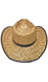 Straw cowgirl cowboy hat. Hat is made from a woven and shaped straw and features dark brown hatband and trim along brim.