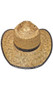 Straw cowgirl cowboy hat. Hat is made from a woven and shaped straw and features dark brown hatband and trim along brim.