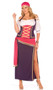 Gypsy Maiden costume includes off the shoulder halter top with ruffle trim, long pull on skirt, sash with gold coin accents, head scarf and bracelets. Five piece set.